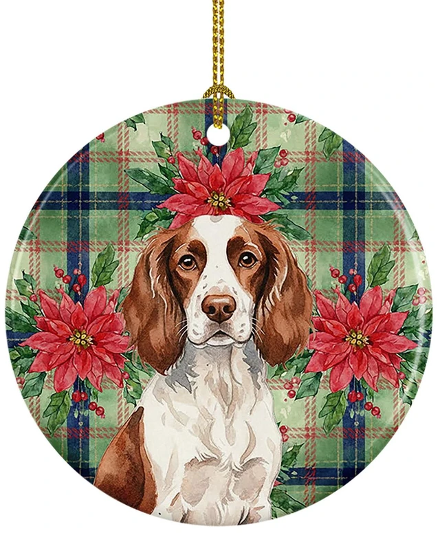 Main image of Liver and White English Springer Spaniel Christmas PoinsettIas Ceramic Ornament Christmas Tree Hanging Decorations for Home Christmas Holiday, Party, Gift, 3 in, Multicolor