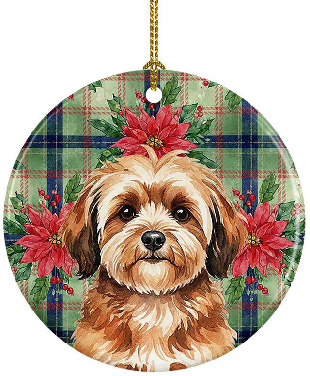 Main image of Sable Havanese Christmas PoinsettIas Ceramic Ornament Christmas Tree Hanging Decorations for Home Christmas Holiday, Party, Gift, 3 in, Multicolor