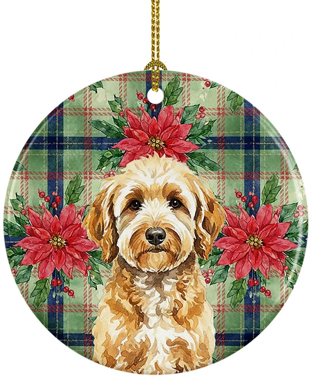 Main image of Goldendoodle Christmas PoinsettIas Ceramic Ornament Christmas Tree Hanging Decorations for Home Christmas Holiday, Party, Gift, 3 in, Multicolor