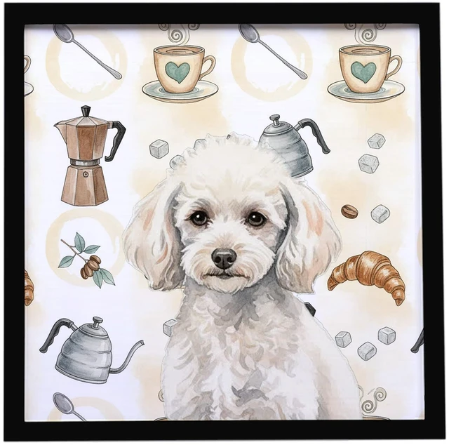 Main image of Miniature White Poodle Coffee Bar Framed Metal Print Bathroom, Kitchen, Office, Home Decor Wall Art Ready to Hang, Square, 8X8