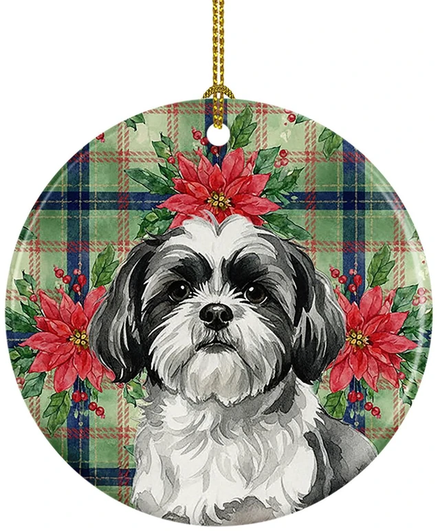 Main image of Black and White Shih Tzu Christmas PoinsettIas Ceramic Ornament Christmas Tree Hanging Decorations for Home Christmas Holiday, Party, Gift, 3 in, Multicolor