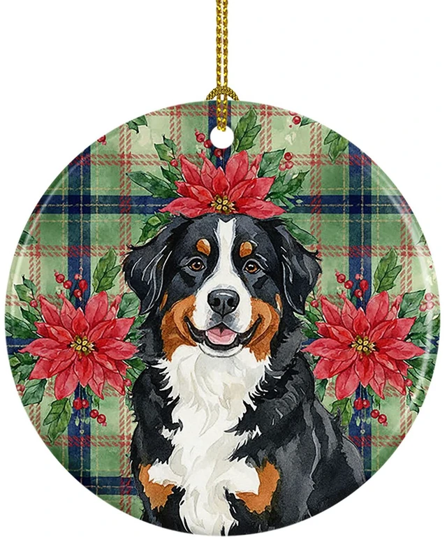 Main image of Bernese Mountain Dog Christmas PoinsettIas Ceramic Ornament Christmas Tree Hanging Decorations for Home Christmas Holiday, Party, Gift, 3 in, Multicolor