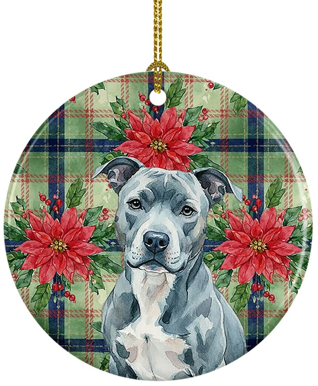 Main image of Blue American Staffordshire Terrier Christmas PoinsettIas Ceramic Ornament Christmas Tree Hanging Decorations for Home Christmas Holiday, Party, Gift, 3 in, Multicolor