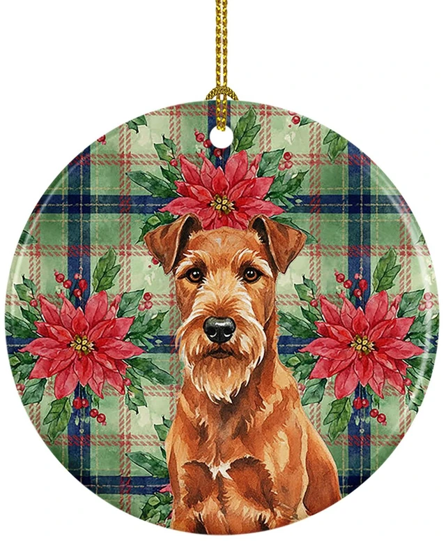 Main image of Irish Terrier Christmas PoinsettIas Ceramic Ornament Christmas Tree Hanging Decorations for Home Christmas Holiday, Party, Gift, 3 in, Multicolor