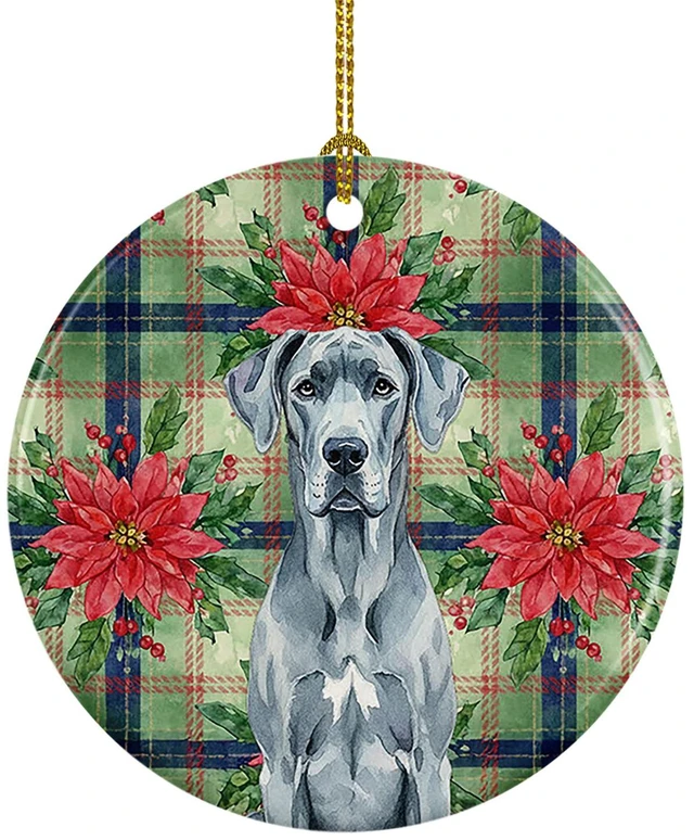 Main image of Blue Great Dane Christmas PoinsettIas Ceramic Ornament Christmas Tree Hanging Decorations for Home Christmas Holiday, Party, Gift, 3 in, Multicolor
