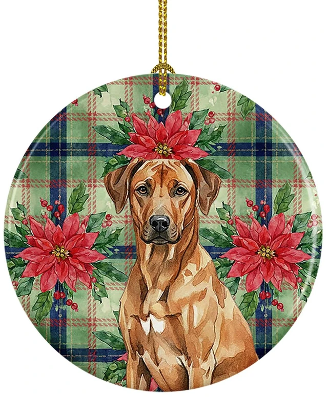 Main image of Rhodesian Ridgeback Christmas PoinsettIas Ceramic Ornament Christmas Tree Hanging Decorations for Home Christmas Holiday, Party, Gift, 3 in, Multicolor