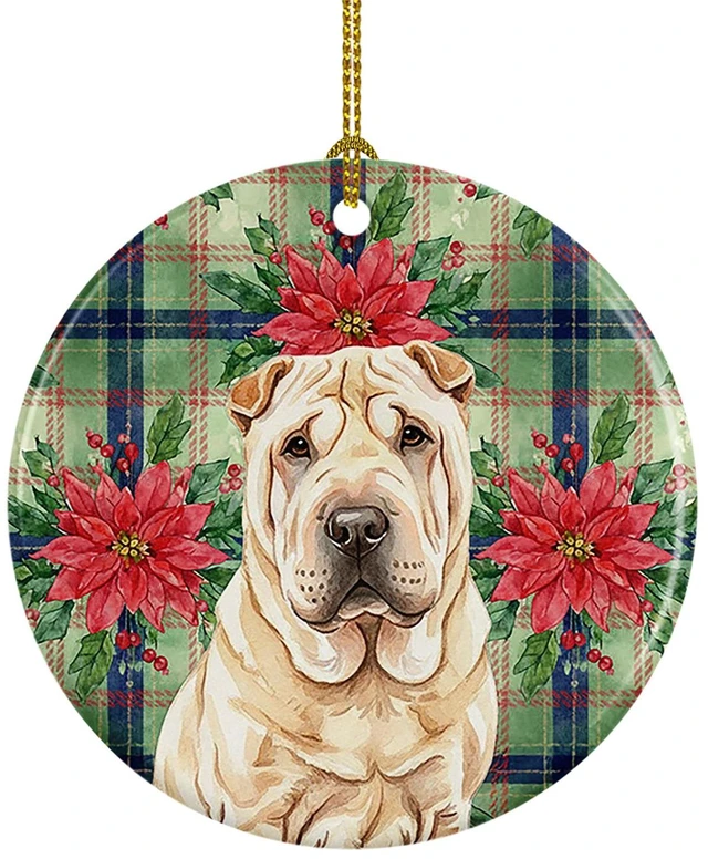 Main image of Shar Pei Christmas PoinsettIas Ceramic Ornament Christmas Tree Hanging Decorations for Home Christmas Holiday, Party, Gift, 3 in, Multicolor