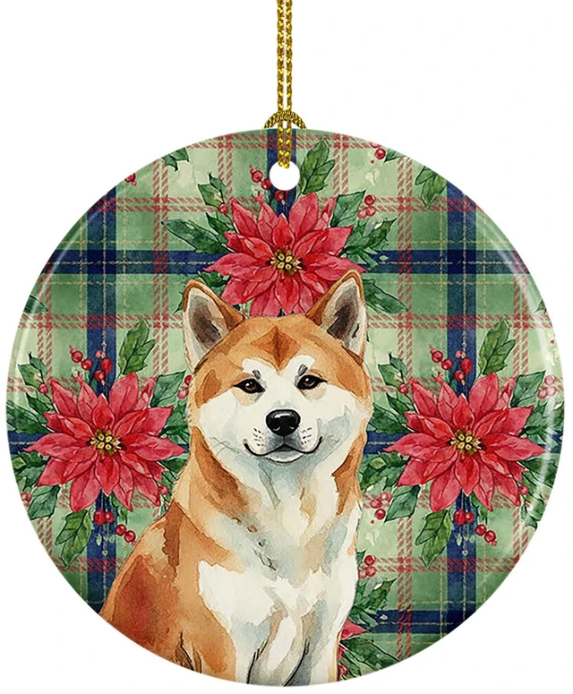 Main image of Red Akita Christmas PoinsettIas Ceramic Ornament Christmas Tree Hanging Decorations for Home Christmas Holiday, Party, Gift, 3 in, Multicolor