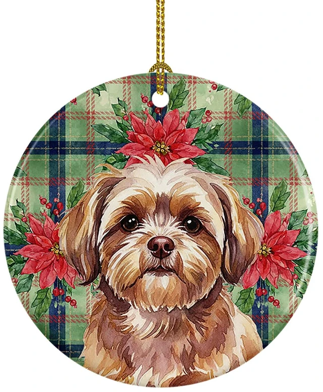 Main image of Liver Shih Tzu Christmas PoinsettIas Ceramic Ornament Christmas Tree Hanging Decorations for Home Christmas Holiday, Party, Gift, 3 in, Multicolor
