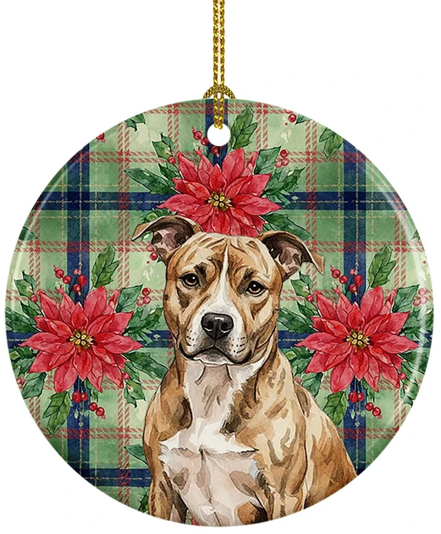 Main image of Brindle American Staffordshire Terrier Christmas PoinsettIas Ceramic Ornament Christmas Tree Hanging Decorations for Home Christmas Holiday, Party, Gift, 3 in, Multicolor
