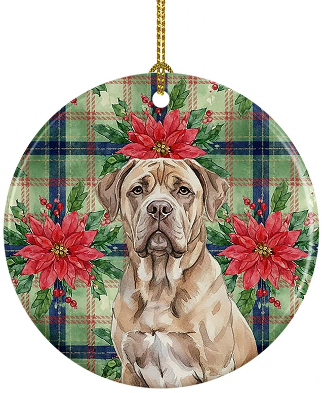 Main image of Isabella Dogue de Bordeaux Christmas PoinsettIas Ceramic Ornament Christmas Tree Hanging Decorations for Home Christmas Holiday, Party, Gift, 3 in, Multicolor