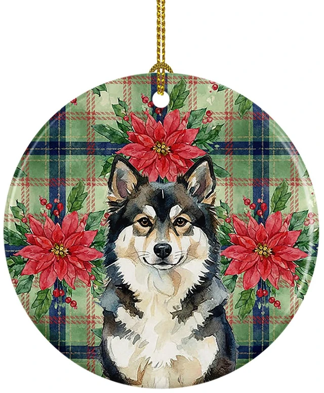 Main image of Finnish Lapphund Christmas PoinsettIas Ceramic Ornament Christmas Tree Hanging Decorations for Home Christmas Holiday, Party, Gift, 3 in, Multicolor