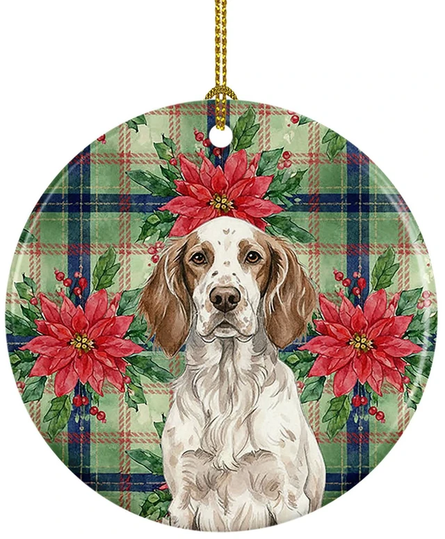 Main image of Liver Belton English Setter Christmas PoinsettIas Ceramic Ornament Christmas Tree Hanging Decorations for Home Christmas Holiday, Party, Gift, 3 in, Multicolor