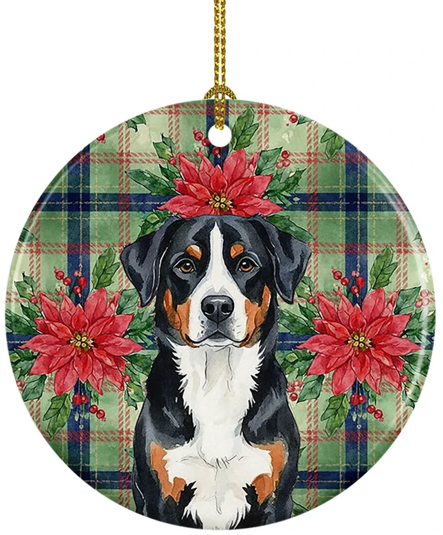 Main image of Greater Swiss Mountain Dog Christmas PoinsettIas Ceramic Ornament Christmas Tree Hanging Decorations for Home Christmas Holiday, Party, Gift, 3 in, Multicolor