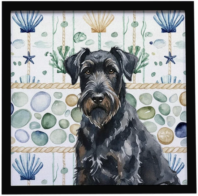 Main image of Black Russian Terrier Coastal Sea Glass Framed Metal Print Bathroom, Kitchen, Office, Home Decor Wall Art Ready to Hang, Square, 8X8