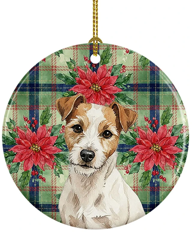 Main image of White with Tan Markings Russell Terrier Christmas PoinsettIas Ceramic Ornament Christmas Tree Hanging Decorations for Home Christmas Holiday, Party, Gift, 3 in, Multicolor