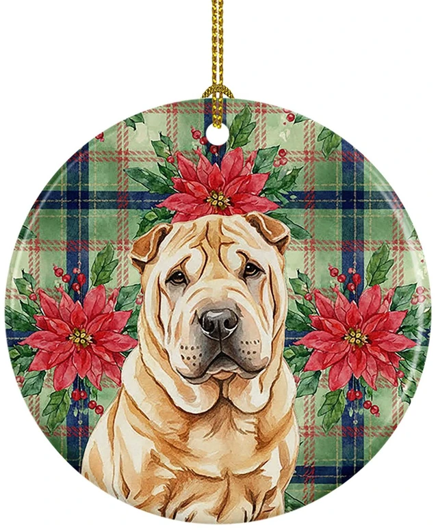 Main image of Red Shar Pei Christmas PoinsettIas Ceramic Ornament Christmas Tree Hanging Decorations for Home Christmas Holiday, Party, Gift, 3 in, Multicolor