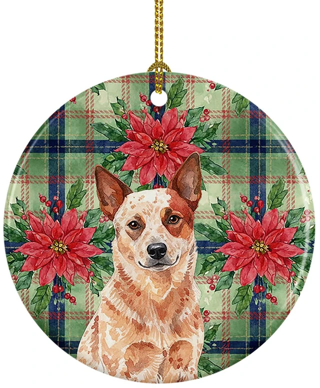 Main image of Red Heeler Australian Cattle Dog Christmas PoinsettIas Ceramic Ornament Christmas Tree Hanging Decorations for Home Christmas Holiday, Party, Gift, 3 in, Multicolor