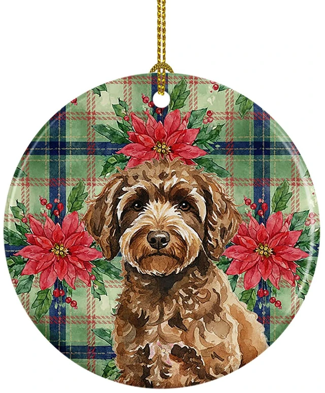Main image of Spanish Water Dog Christmas PoinsettIas Ceramic Ornament Christmas Tree Hanging Decorations for Home Christmas Holiday, Party, Gift, 3 in, Multicolor