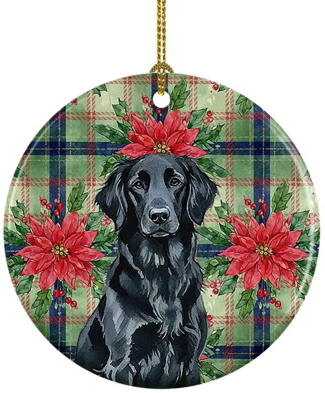 Main image of Black Flat-Coated Retriever Christmas PoinsettIas Ceramic Ornament Christmas Tree Hanging Decorations for Home Christmas Holiday, Party, Gift, 3 in, Multicolor