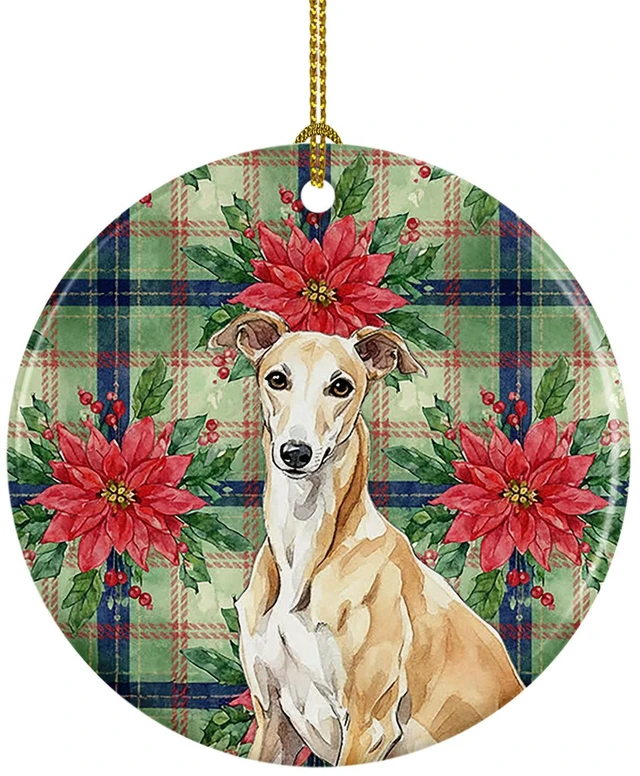 Main image of Fawn Greyhound Christmas PoinsettIas Ceramic Ornament Christmas Tree Hanging Decorations for Home Christmas Holiday, Party, Gift, 3 in, Multicolor