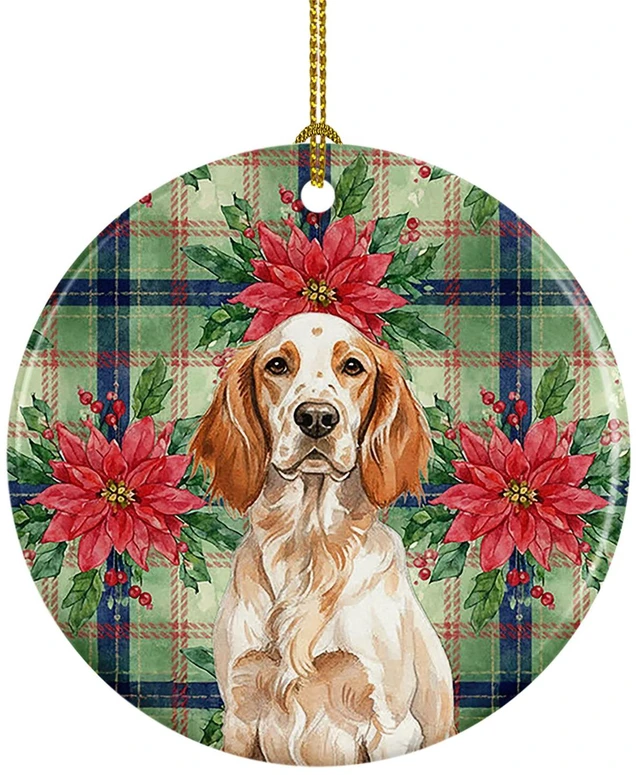 Main image of Orange Belton English Setter Christmas PoinsettIas Ceramic Ornament Christmas Tree Hanging Decorations for Home Christmas Holiday, Party, Gift, 3 in, Multicolor