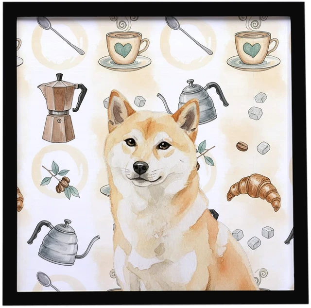 Main image of Cream Shiba Inu Coffee Bar Framed Metal Print Bathroom, Kitchen, Office, Home Decor Wall Art Ready to Hang, Square, 8X8