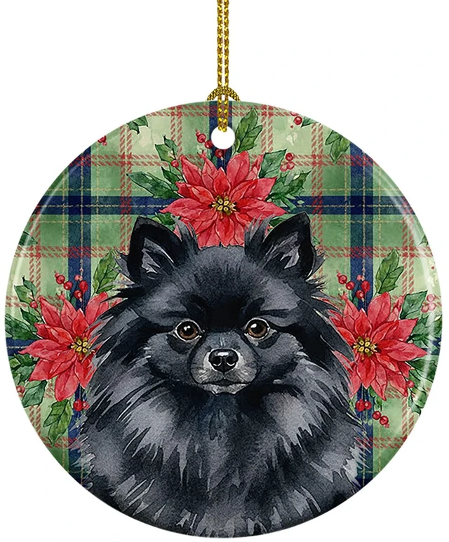 Main image of Black Pomeranian Christmas PoinsettIas Ceramic Ornament Christmas Tree Hanging Decorations for Home Christmas Holiday, Party, Gift, 3 in, Multicolor
