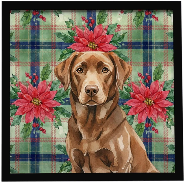 Main image of Chocolate Labrador Retriever Christmas PoinsettIas Framed Metal Print Bathroom, Kitchen, Office, Home Decor Wall Art Ready to Hang, Square, 8X8