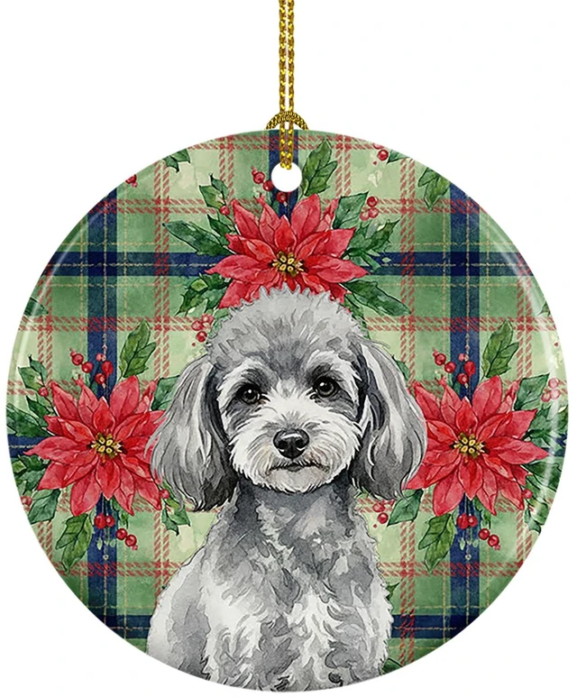 Main image of Toy Silver Poodle Christmas PoinsettIas Ceramic Ornament Christmas Tree Hanging Decorations for Home Christmas Holiday, Party, Gift, 3 in, Multicolor