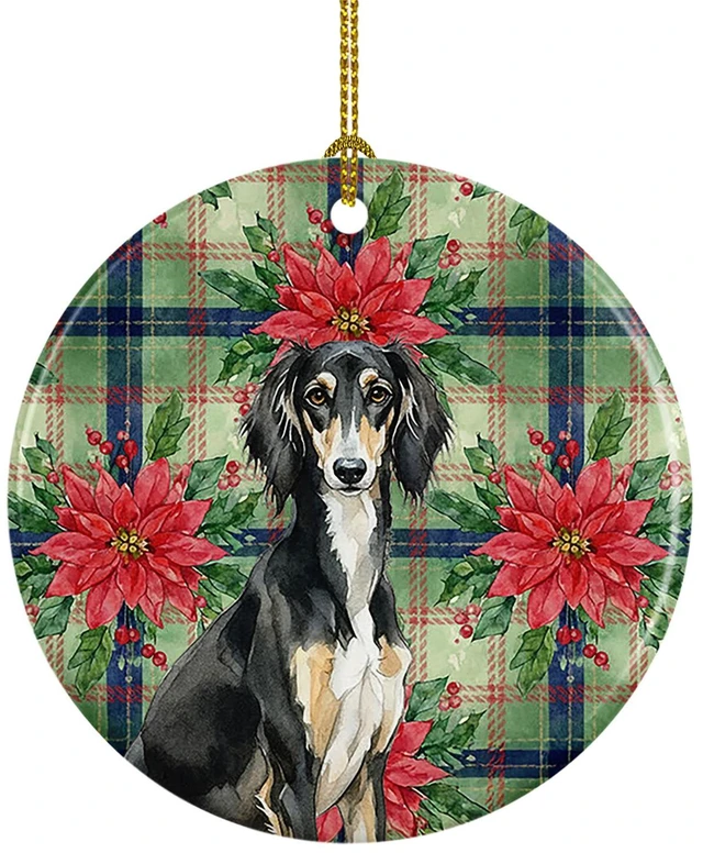Main image of Black and Tan Saluki Christmas PoinsettIas Ceramic Ornament Christmas Tree Hanging Decorations for Home Christmas Holiday, Party, Gift, 3 in, Multicolor