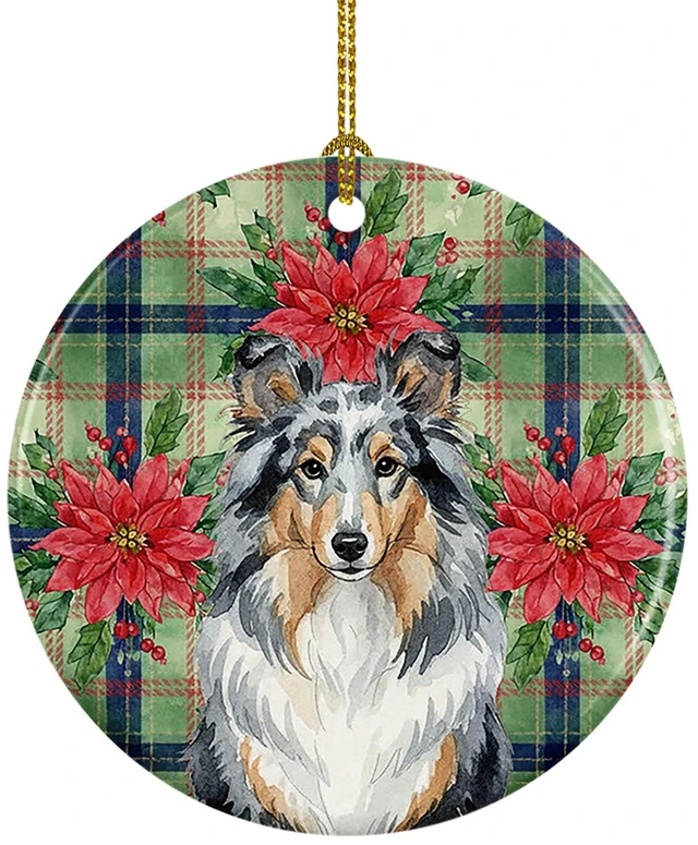 Main image of Blue Merle Sheltie Christmas PoinsettIas Ceramic Ornament Christmas Tree Hanging Decorations for Home Christmas Holiday, Party, Gift, 3 in, Multicolor