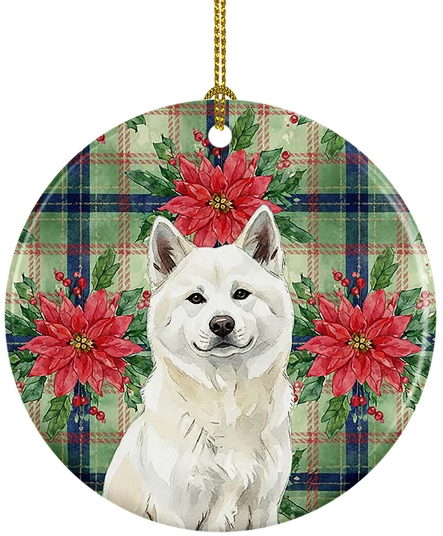 Main image of White Akita Christmas PoinsettIas Ceramic Ornament Christmas Tree Hanging Decorations for Home Christmas Holiday, Party, Gift, 3 in, Multicolor