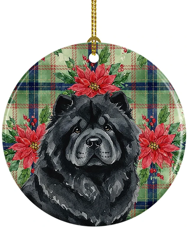 Main image of Black Chow Chow Christmas PoinsettIas Ceramic Ornament Christmas Tree Hanging Decorations for Home Christmas Holiday, Party, Gift, 3 in, Multicolor