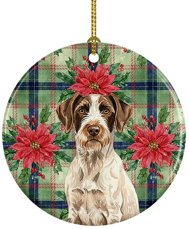 Main image of Liver and White German Wirehaired Pointer Christmas PoinsettIas Ceramic Ornament Christmas Tree Hanging Decorations for Home Christmas Holiday, Party, Gift, 3 in, Multicolor