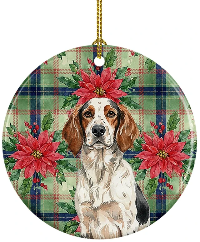 Main image of Tricolor English Setter Christmas PoinsettIas Ceramic Ornament Christmas Tree Hanging Decorations for Home Christmas Holiday, Party, Gift, 3 in, Multicolor