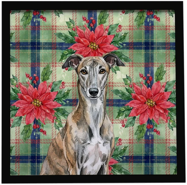 Main image of Brindle Greyhound Christmas PoinsettIas Framed Metal Print Bathroom, Kitchen, Office, Home Decor Wall Art Ready to Hang, Square, 8X8