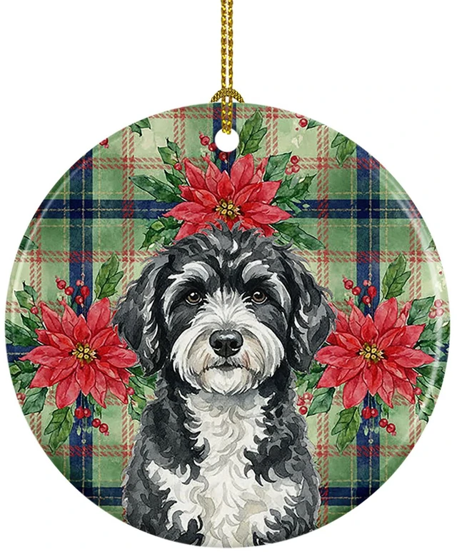 Main image of Portuguese Water Dog Christmas PoinsettIas Ceramic Ornament Christmas Tree Hanging Decorations for Home Christmas Holiday, Party, Gift, 3 in, Multicolor