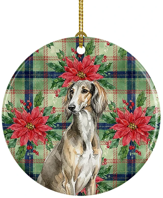 Main image of Grizzle Saluki Christmas PoinsettIas Ceramic Ornament Christmas Tree Hanging Decorations for Home Christmas Holiday, Party, Gift, 3 in, Multicolor
