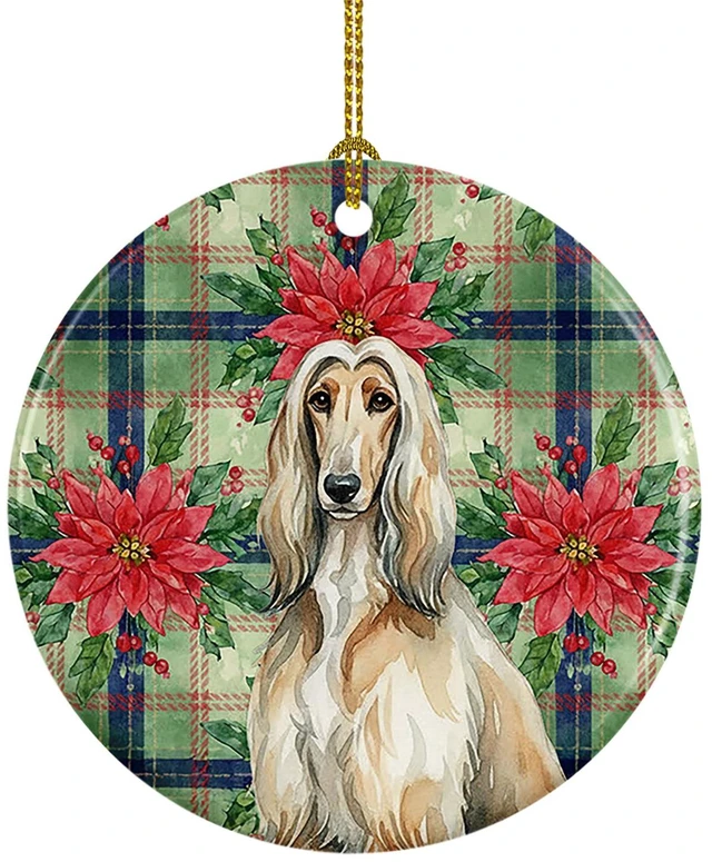 Main image of Afghan Hound Christmas PoinsettIas Ceramic Ornament Christmas Tree Hanging Decorations for Home Christmas Holiday, Party, Gift, 3 in, Multicolor