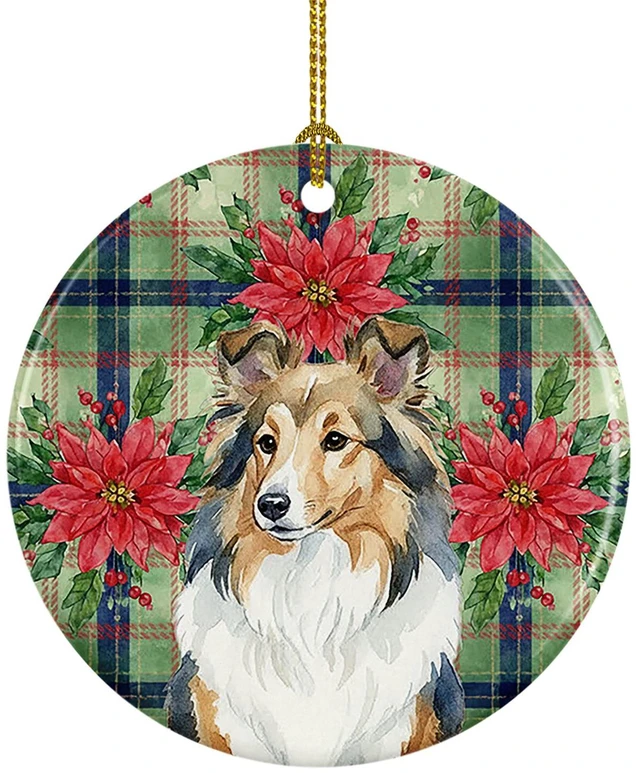 Main image of Sable Sheltie Christmas PoinsettIas Ceramic Ornament Christmas Tree Hanging Decorations for Home Christmas Holiday, Party, Gift, 3 in, Multicolor