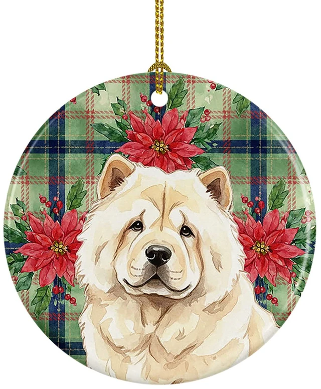 Main image of Cream Chow Chow Christmas PoinsettIas Ceramic Ornament Christmas Tree Hanging Decorations for Home Christmas Holiday, Party, Gift, 3 in, Multicolor