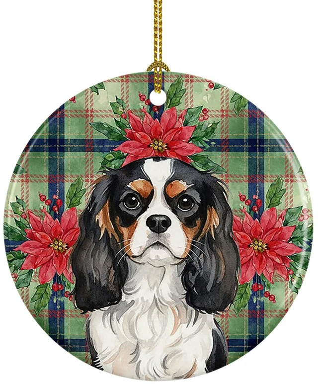 Main image of Tricolor Cavalier Spaniel Christmas PoinsettIas Ceramic Ornament Christmas Tree Hanging Decorations for Home Christmas Holiday, Party, Gift, 3 in, Multicolor