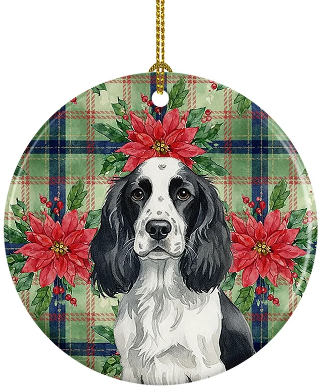 Main image of Black and White English Springer Spaniel Christmas PoinsettIas Ceramic Ornament Christmas Tree Hanging Decorations for Home Christmas Holiday, Party, Gift, 3 in, Multicolor