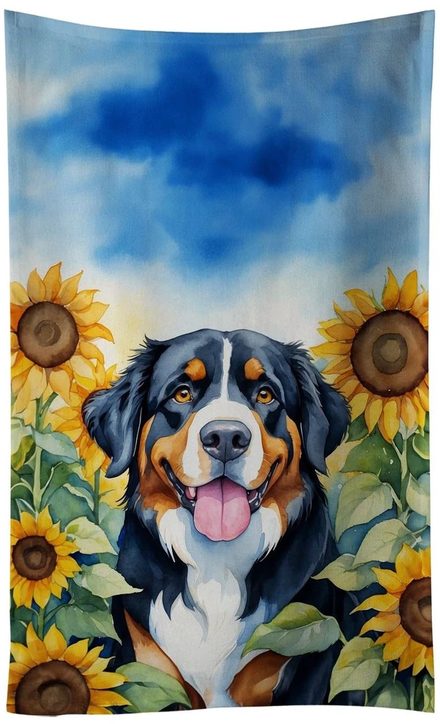 Main image of Bernese Mountain Dog in Sunflowers Kitchen Towel Dish Cloths Guest Hand Towel Decorative Bathroom Towel for Face,Tea, Dishcloth, Kitchen and Bath