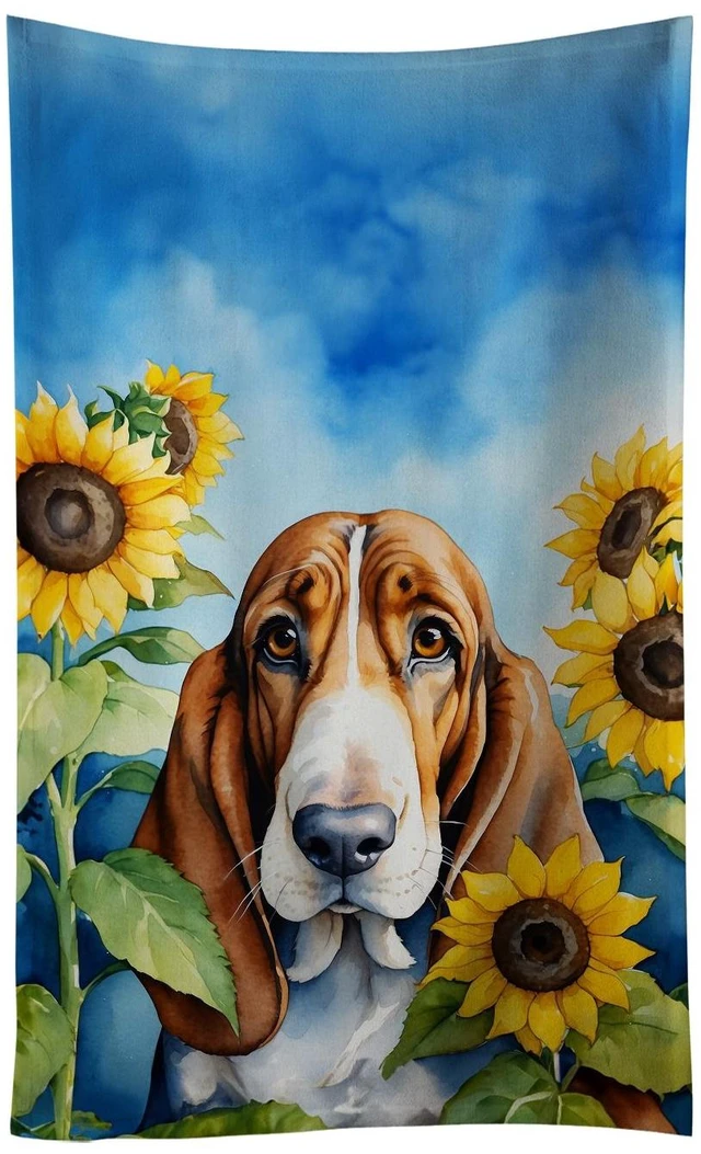 Main image of Basset Hound in Sunflowers Kitchen Towel Dish Cloths Guest Hand Towel Decorative Bathroom Towel for Face,Tea, Dishcloth, Kitchen and Bath