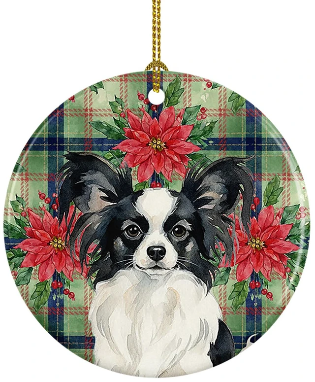 Main image of Black and White Papillon Christmas PoinsettIas Ceramic Ornament Christmas Tree Hanging Decorations for Home Christmas Holiday, Party, Gift, 3 in, Multicolor