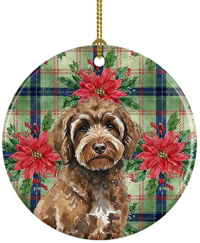 Main image of Brown Portuguese Water Dog Christmas PoinsettIas Ceramic Ornament Christmas Tree Hanging Decorations for Home Christmas Holiday, Party, Gift, 3 in, Multicolor