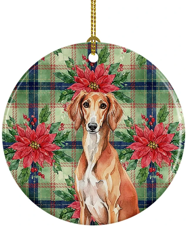Main image of Red Saluki Christmas PoinsettIas Ceramic Ornament Christmas Tree Hanging Decorations for Home Christmas Holiday, Party, Gift, 3 in, Multicolor
