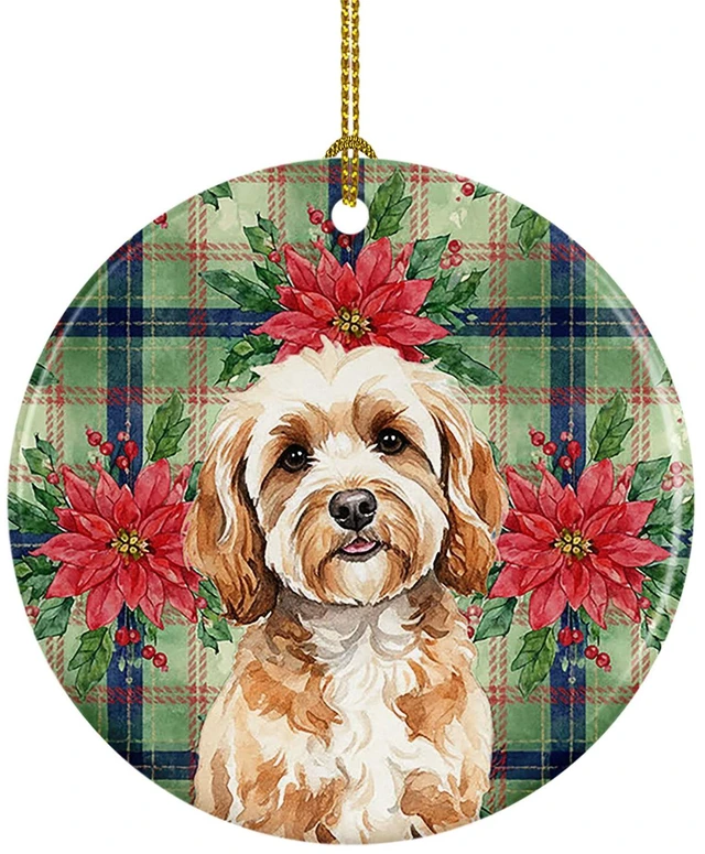 Main image of Cavapoo Christmas PoinsettIas Ceramic Ornament Christmas Tree Hanging Decorations for Home Christmas Holiday, Party, Gift, 3 in, Multicolor